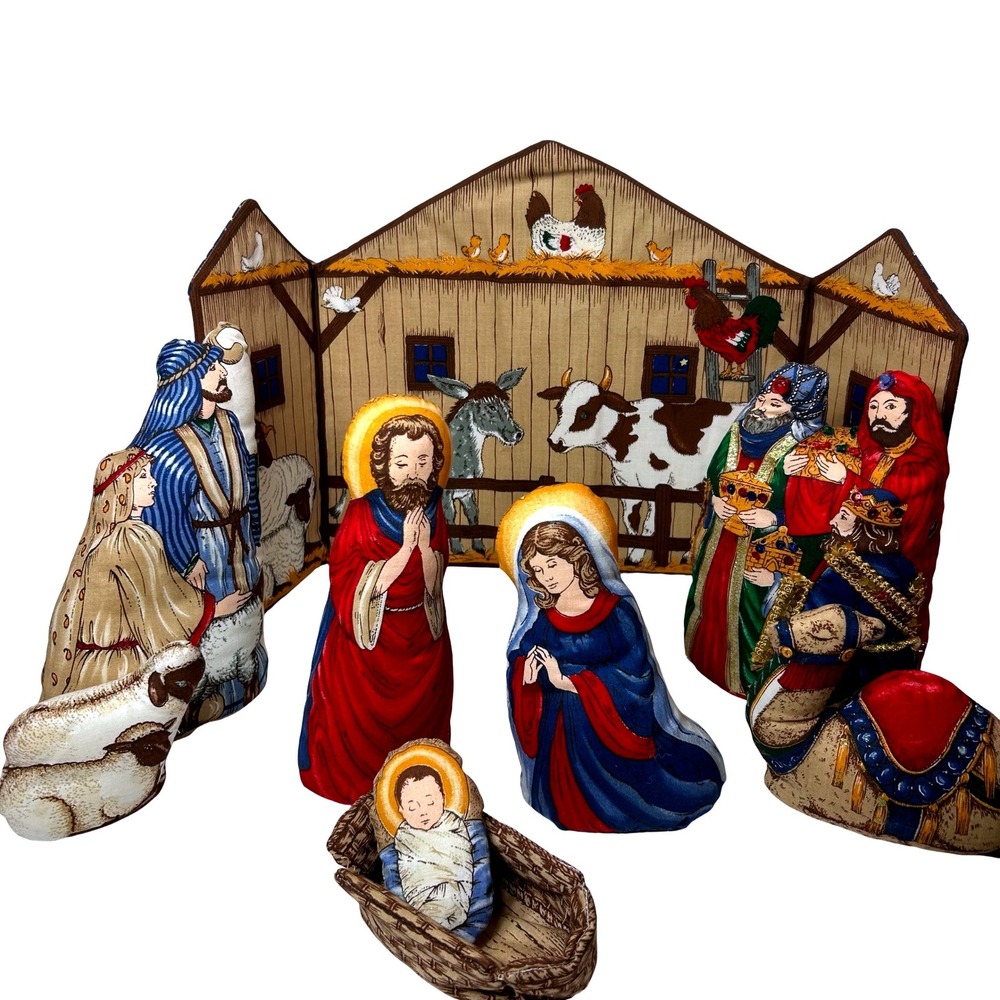 Vintage Soft Fabric Nativity Set 9pc Plush Manger Scene Stable Backdrop Glitter